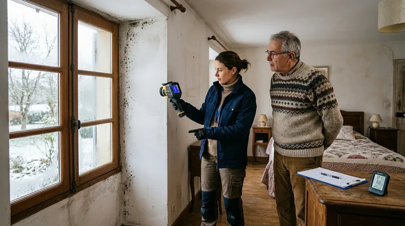 Spécialiste mesurant l'humidité d'un mur dans le Doubs